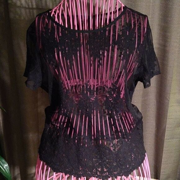 Forever 21 Black Sheer Lace Short sleeve crop top - Picture 1 of 7